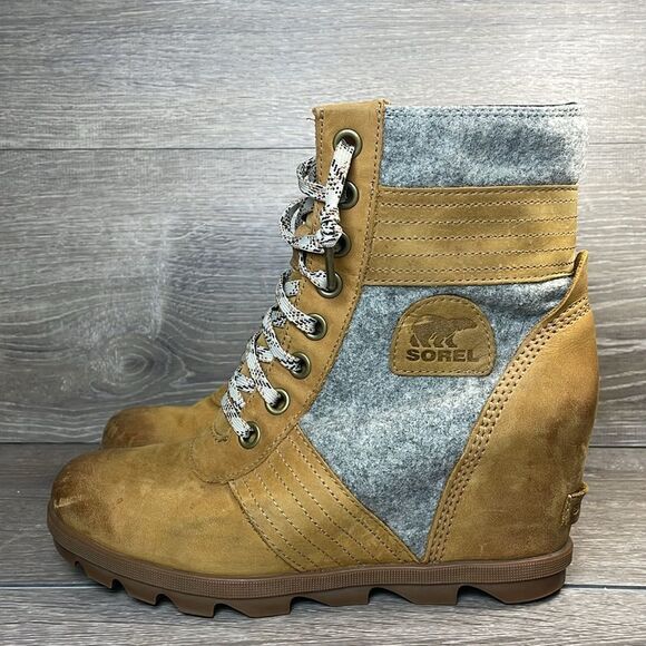 Sorel Lexie Wedge Tan Leather Gray Felt Women’s Sz 10 Lace Up Hidden Wedge Boots - Picture 3 of 11